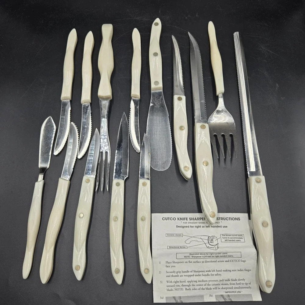 Vintage CUTCO Pearl White Knife Set 14 Piece USA Made Spatula Forks Steak Knives